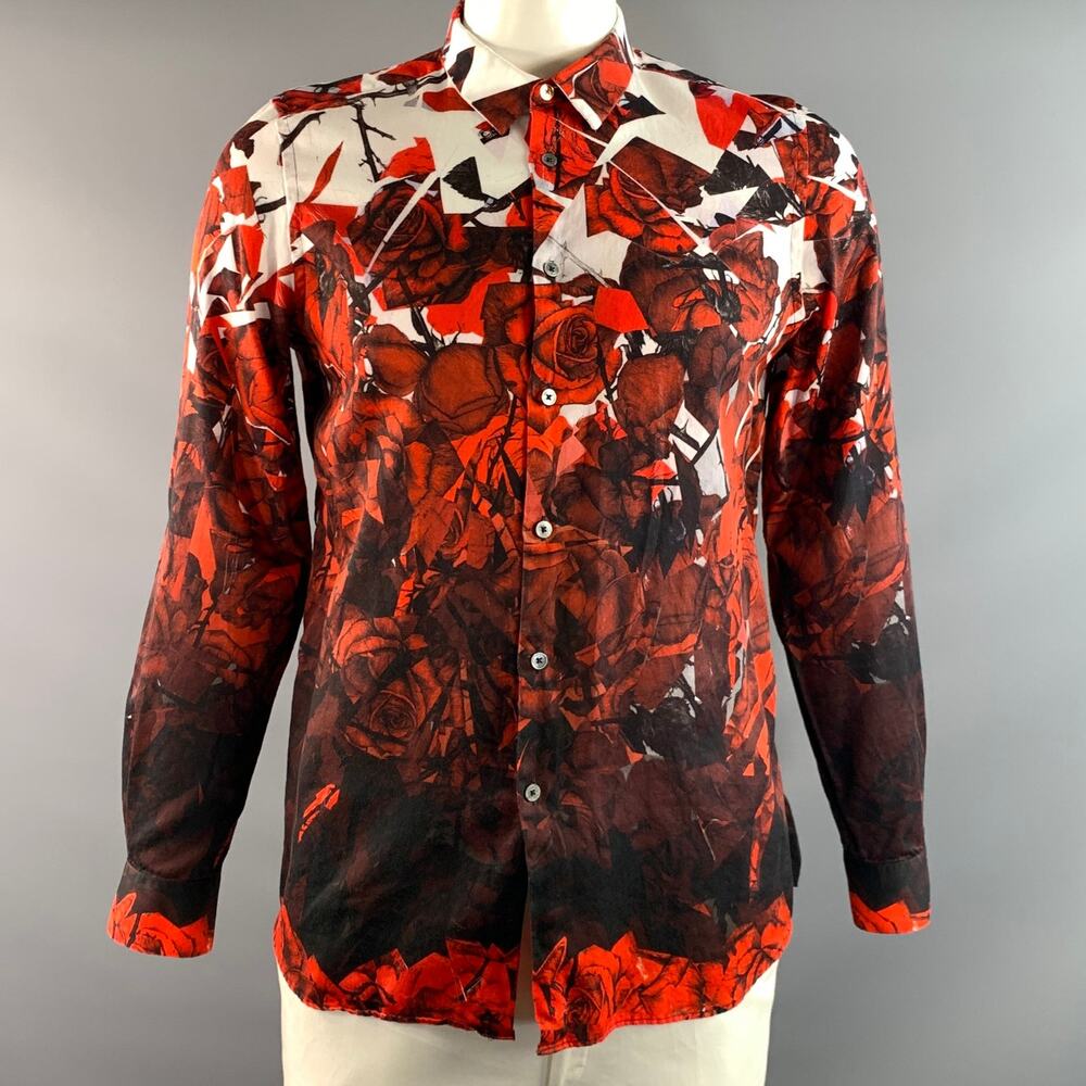 PAUL SMITH Size L Red Black Floral Cotton Long Sleeve Shirt
